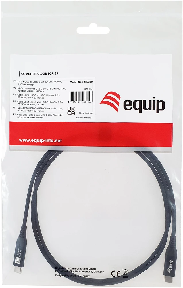 Equip Kabelis USB-C4.0->C Slim PD240W St/St 1.20m juodas