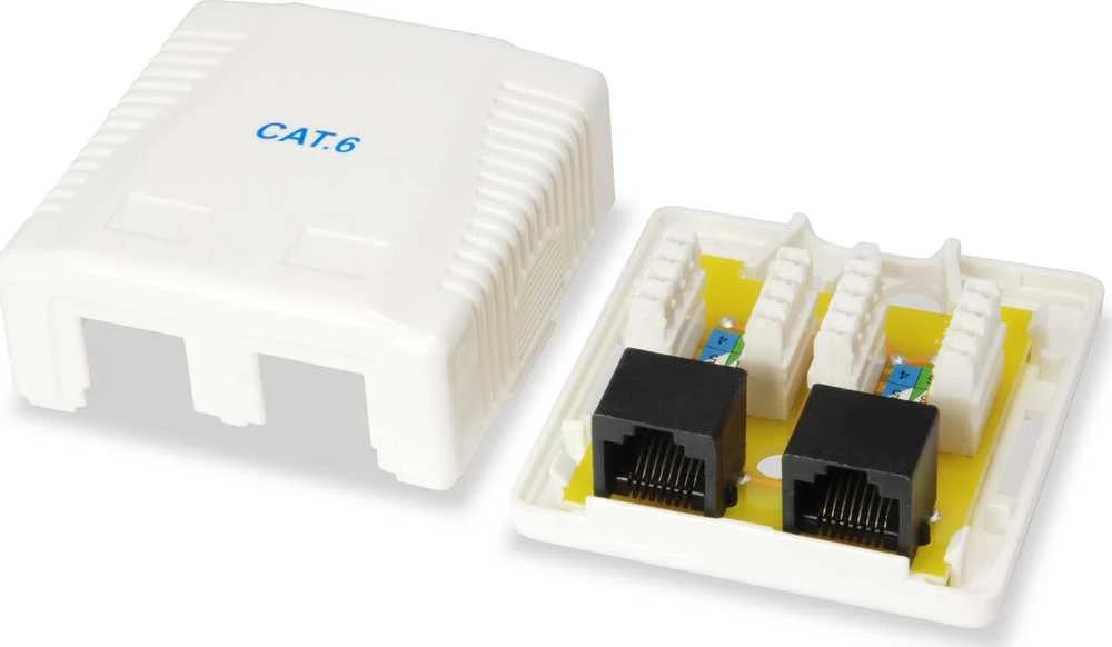 „Equip“ paviršinio montavimo lizdas Cat6 2 prievadų 2x RJ45 UTP RAL 9010, su polietileno maišeliu