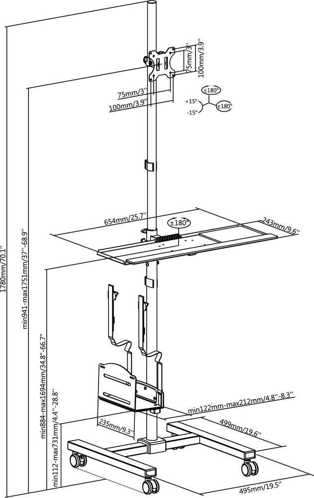 Laikiklis Equip Savybės – Plokščiaekranis vežimėlis / kompiuterio korpusas – Plastikas, nerūdijantis plienas – Ekrano dydis: 43,2–81,3 cm (17–32 coliai) – Laisvai pastatomas