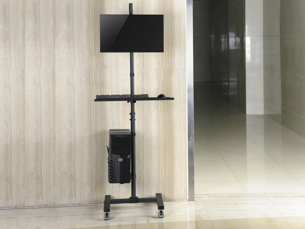 Laikiklis Equip Savybės – Plokščiaekranis vežimėlis / kompiuterio korpusas – Plastikas, nerūdijantis plienas – Ekrano dydis: 43,2–81,3 cm (17–32 coliai) – Laisvai pastatomas