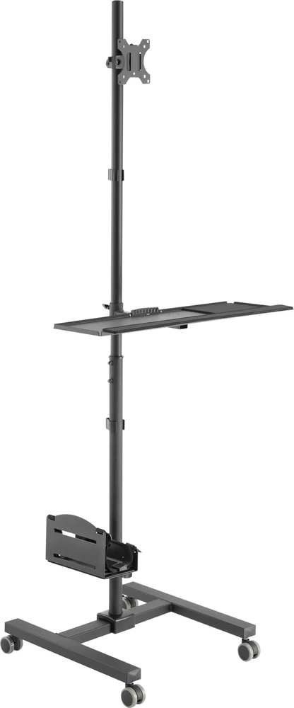 Laikiklis Equip Savybės – Plokščiaekranis vežimėlis / kompiuterio korpusas – Plastikas, nerūdijantis plienas – Ekrano dydis: 43,2–81,3 cm (17–32 coliai) – Laisvai pastatomas