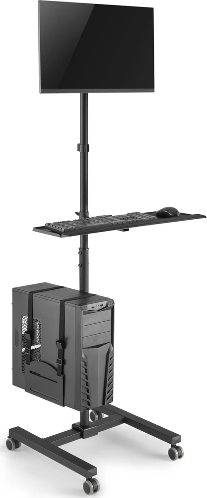 Laikiklis Equip Savybės – Plokščiaekranis vežimėlis / kompiuterio korpusas – Plastikas, nerūdijantis plienas – Ekrano dydis: 43,2–81,3 cm (17–32 coliai) – Laisvai pastatomas
