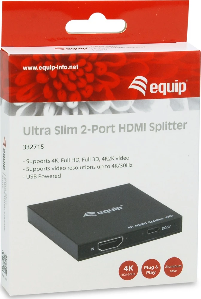 Equip Equip HDMI Splitter 1.4 2 Port Ultra Slim 4K/30Hz juodas EndlessOS