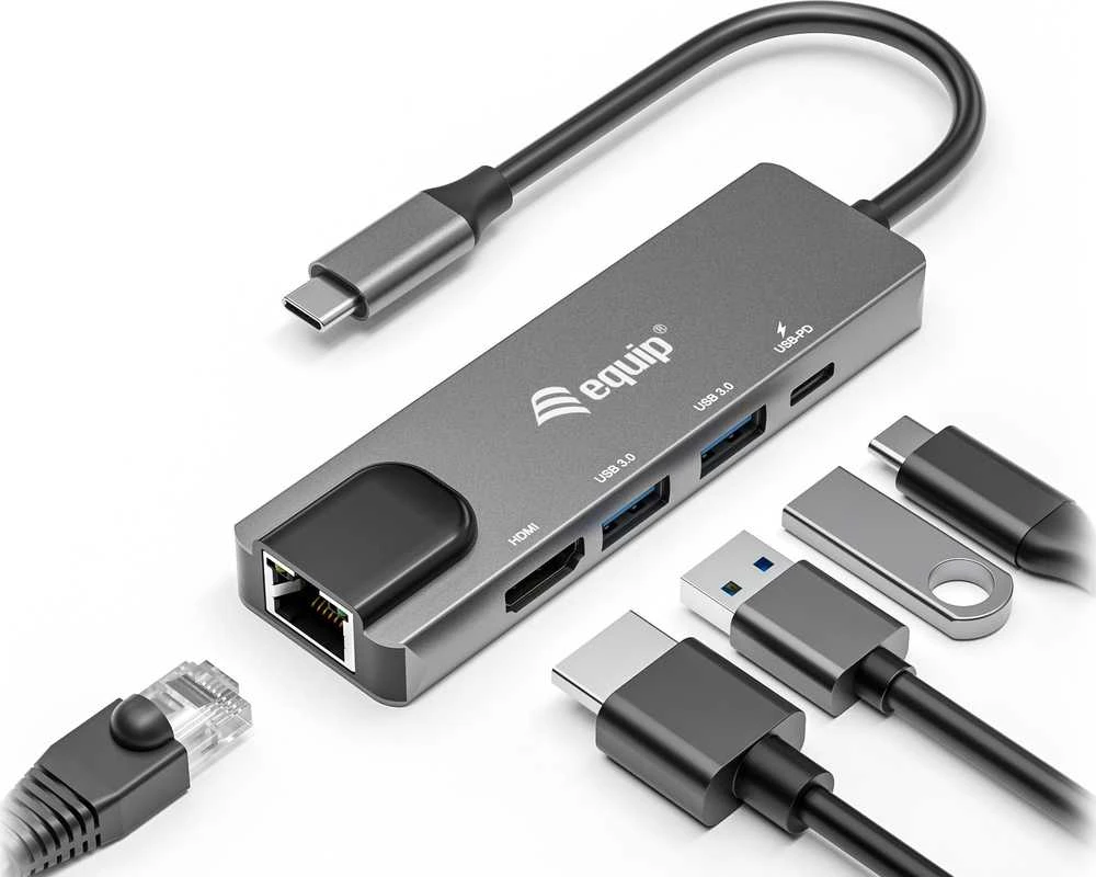 Equip 133489 knyginių kompiuterių dokas / jungčių replikatorius Vielinis USB 3.2 Gen 1 (3.1 Gen 1) Type-C Pilka