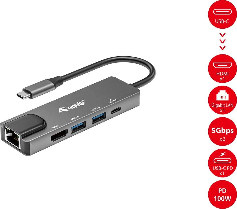 Equip 133489 knyginių kompiuterių dokas / jungčių replikatorius Vielinis USB 3.2 Gen 1 (3.1 Gen 1) Type-C Pilka