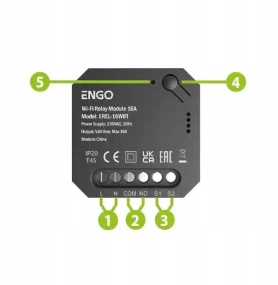 „Engo EREL-16WiFi“ – išmanioji relė – išmanioji „WiFi“ relė, skirta „ENGO Smart“ sistemai, 1x16A, NO-COM