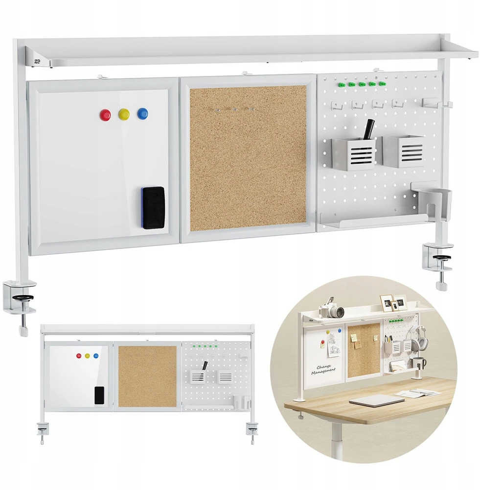 Przegroda Ergo Office stalo pertvara/organizatorius, maks. apkrova 10 kg, balta ir kamštinė lenta, plotis 1250 mm, balta, ER-300 W