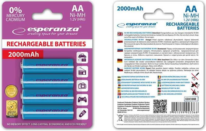 Esperanza AA 2000mAh akumuliatoriai pakuotėje