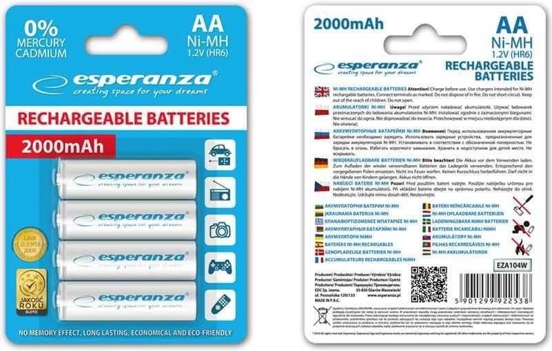 Esperanza AA įkraunamos baterijos pakuotės priekis ir nugarėlė