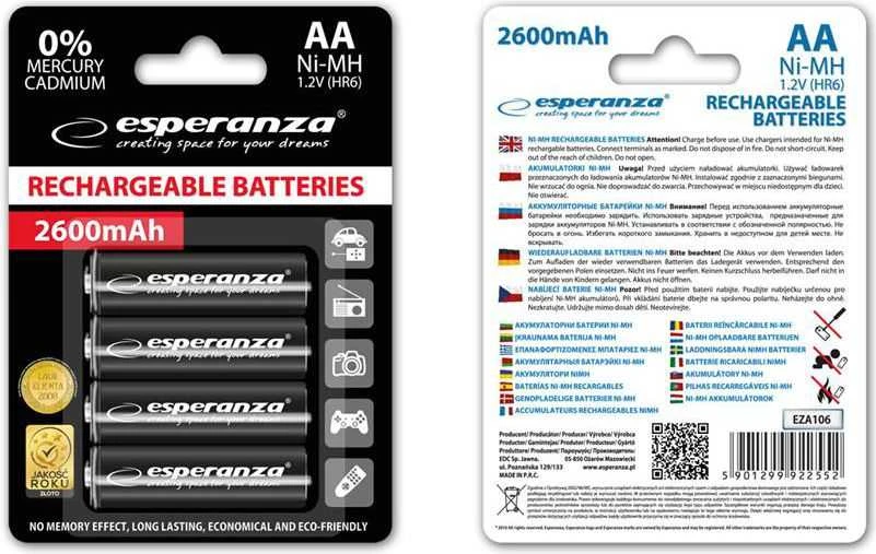 Esperanza AA 2600mAh baterijos, pakuotės priekis ir nugarėlė