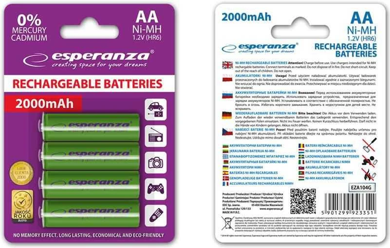 Esperanza AA baterijos, pakuotės priekis ir nugarėlė