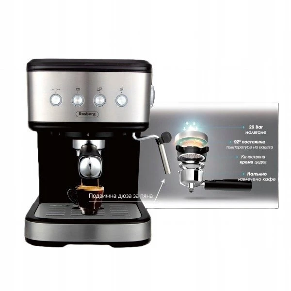 Espresso kavos aparatas Oliver Voltz OV51171F, 1,2L, 20 bar, 1100W, Kreminis diskas, Juodas/Inox