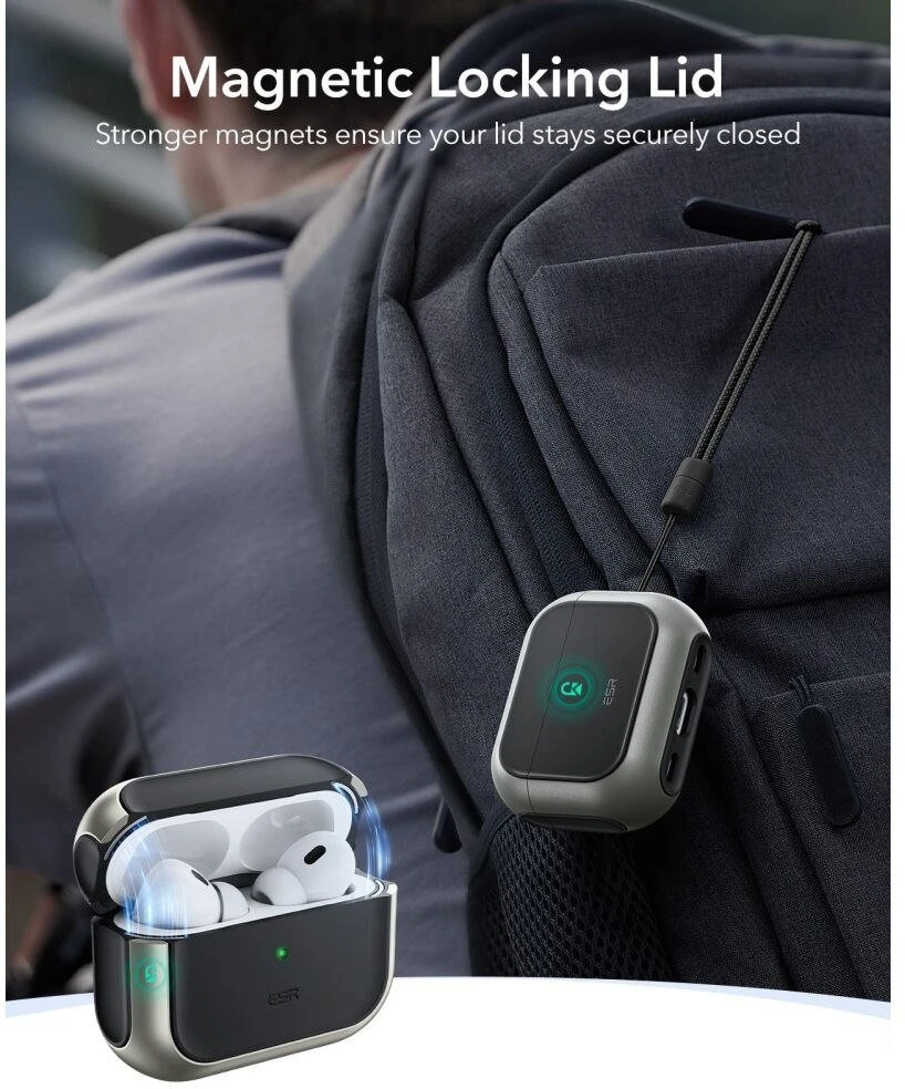 ESR Orbit HaloLock MagSafe dėklas, skirtas AirPods Pro 3 ausinėms – pilkas ir juodas
