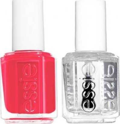 Rinkinys „Essie“: nagų lakas „Vegan Glossy Shine Finish“ 72 Peach Daiquiri 13,5 ml + nagų priežiūra - „Good To Go Top Coat“ nagų stiprinimo lakas, 5 ml