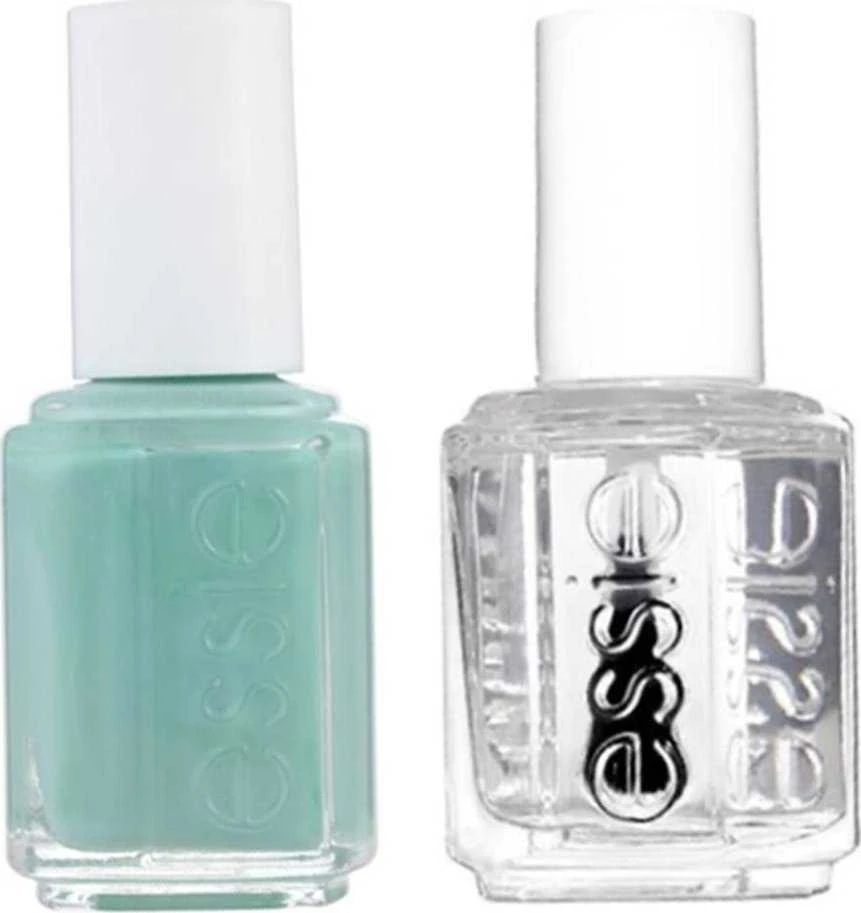 Rinkinys „Essie“: nagų lakas „Vegan Glossy Shine Finish“ „Nagų lakas 99 Mint Candy Apple“ 13,5 ml + nagų priežiūros priemonės – „Good To Go Top Coat“ nagų stiprinimo lakas, 5 ml