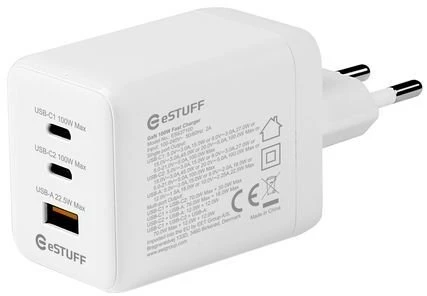 eSTUFF INFINITE USB-C įkroviklis ES PD 100W GaN. 2 x USB-C. 1 x
