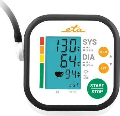 ETA | Žastinis kraujospūdžio matuoklis | ETA229790000 | Atminties funkcija | Naudotojų skaičius: 2 naudotojai | 4 | Tinka naudoti namuose. Sistolinio ir diastolinio slėgio, pulso matavimas. Oscilometrinis matavimo metodas. Išmatuotų verčių rodymas LCD ekrane. Visiškai automatinis manžetės užpildymas ir išleidimas. Slėgio matavimo tikslumas +/- 3 mmHg, pulsas +/- 5%. Slėgio matavimo diapazonas: 0–299 mmHg, pulsas: 40–199 per minutę. Nereguliaraus širdies ritmo aptikimas. PSO kraujospūdžio klasifikacija. | Žastinis