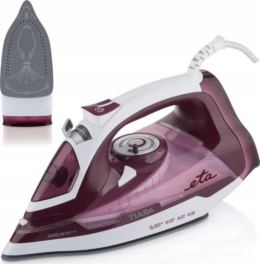 ETA | Lygintuvas | ETA126990000 Tiara II | Garų lygintuvas | 2400 W | Vanduo tank capacity 450 ml | Continuous steam 40 g/min | Steam boost performance 130 g/min | Raudona