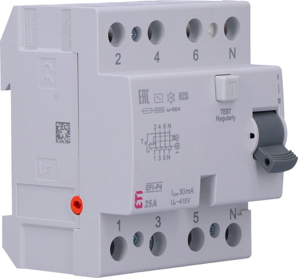 ETI Srovės nuotėkio relė EFI-P4, 25A, 10kA, 30mA AC, 3P+N