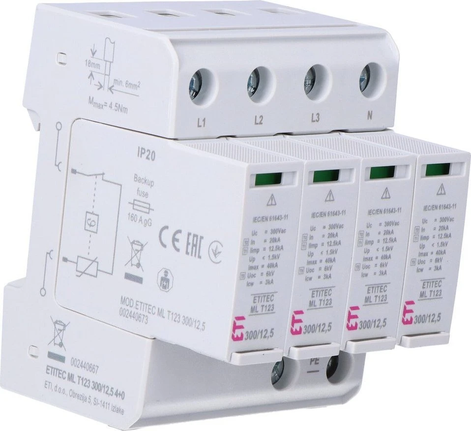 Eti-Polam viršįtampio ribotuvai B + C + D 1 + 2 + 3 tipas 4P ETITEC ML T123 300 / 12.5 4 + 0 002440667