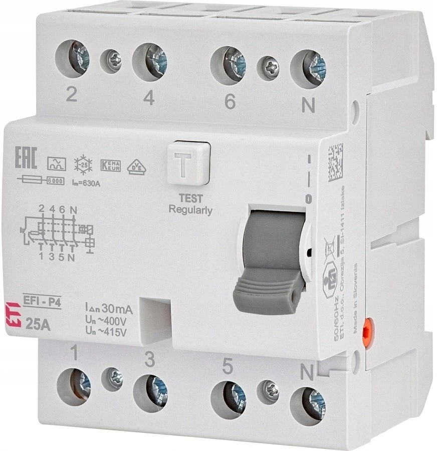 Srovės nuotėkio rėlė ETI EFI6-P4 A 6kA, 4P, 25 A, 415 V,30mA