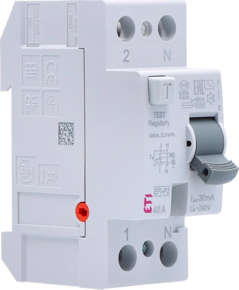ETI Srovės nuotėkio relė EFI-P2, 40A, 10kA, 30mA AC, 1P+N
