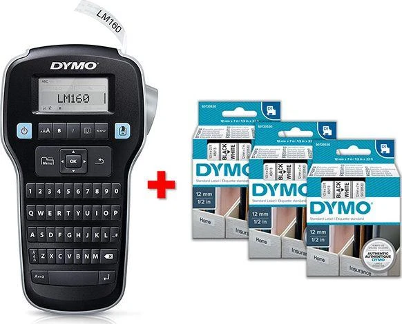 DYMO LabelManager 160 etikečių spausdintuvo pradinis rinkinys su 3 D1 etikečių juostos ritinėliais | Nešiojamasis etikečių spausdinimo aparatas | QWERTY klaviatūra | Idealiai tinka biurui ar namams