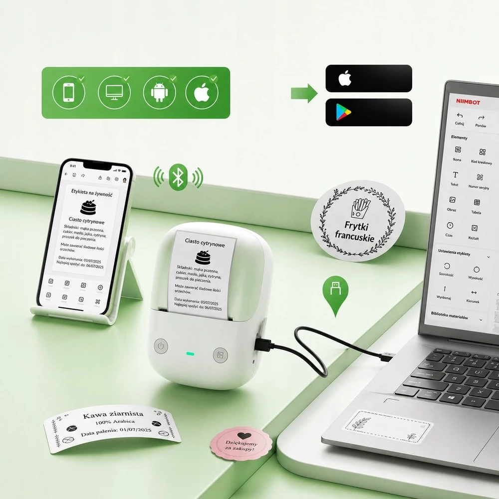 Etikečių spausdintuvas Niimbot spausdintuvas termiczna etikečių samoprzylepnych B2 203 DPI Bluetooth USB