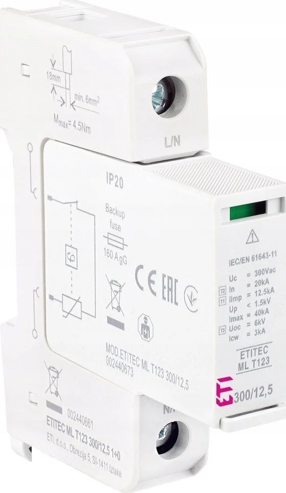 Etipo viršįtampių iškroviklis ETI Polam ETITEC GSM tipas T1, T2 B C 002440607 T12 275/25 3+0 RC