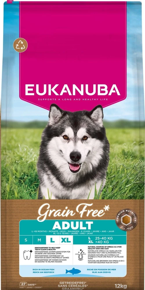 Šunų maistas - EUKANUBA Be grūdų suaugusiems dideliems jūrų žuvims 12kg, be glitimo