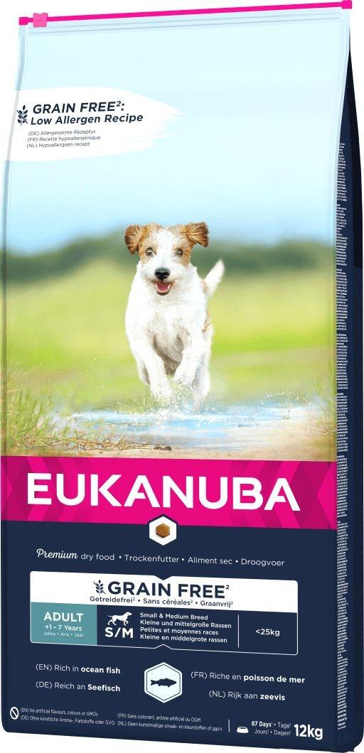 Eukanuba GF sausas pašaras mažų ir vidutinių veislių šunims su žuvimi, S/M, 12 kg