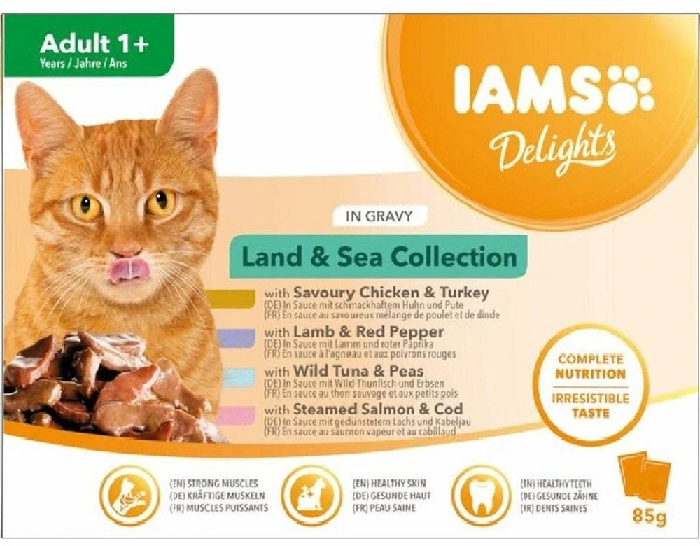 Eukanuba IAMS DELIGHTS Land & Sea Collection in Gravy box – šlapias pašaras katei – 8x85g