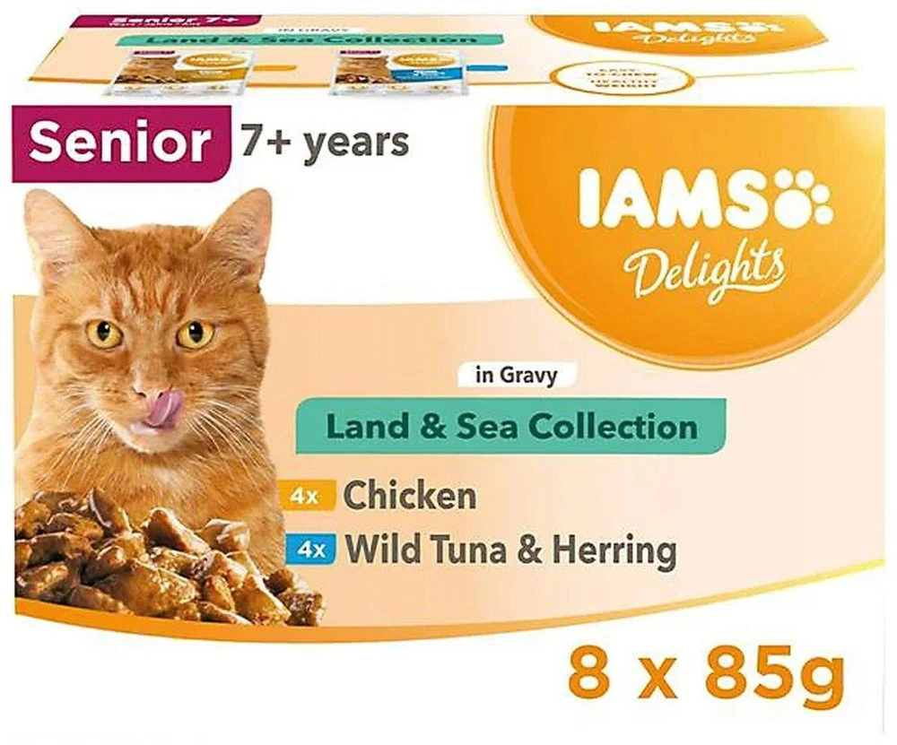 IAMS DELIGHTS Senior Land & Sea Collection dėžutėje – šlapias kačių ėdalas – 8 x 85 g