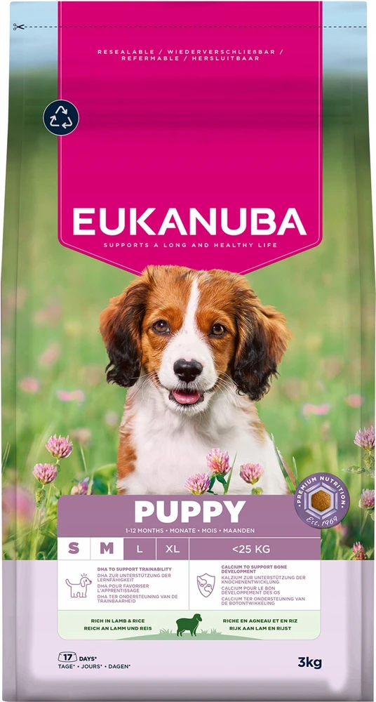 Eukanuba Life Care sausas pašaras mažų ir vidutinių veislių šuniukams su ėriena ir ryžiais, S/M, 3kg