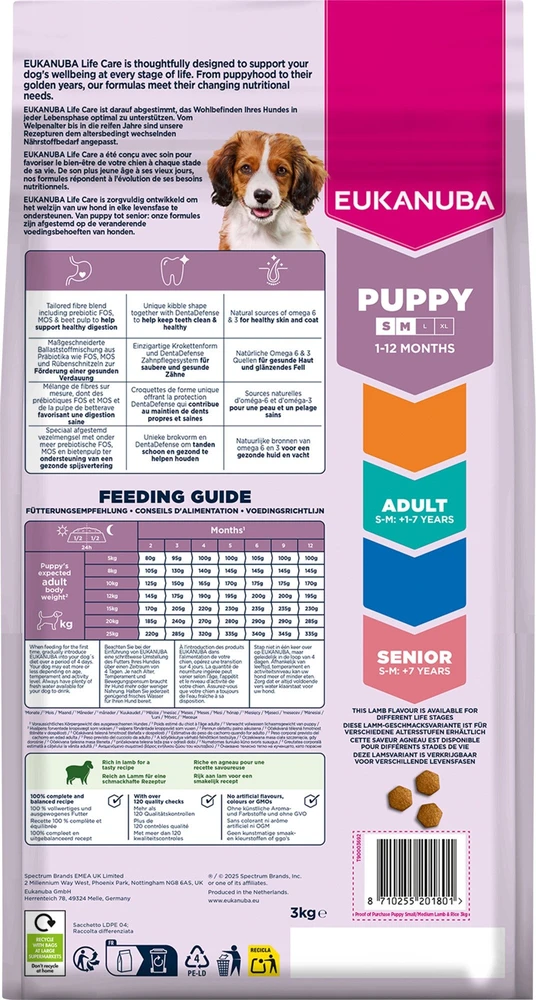 Eukanuba Life Care sausas pašaras mažų ir vidutinių veislių šuniukams su ėriena ir ryžiais, S/M, 3kg