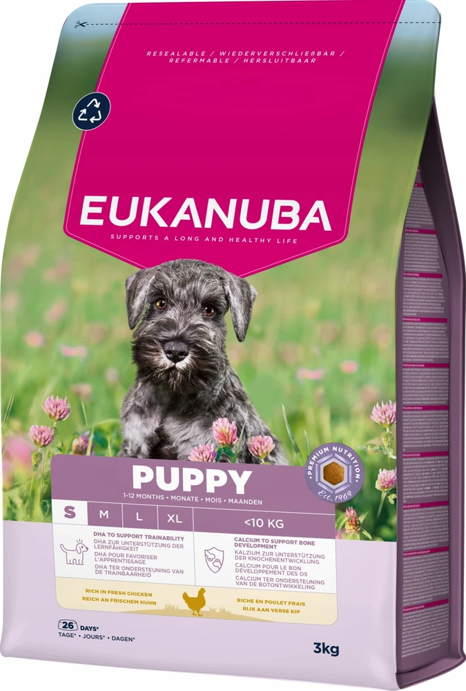 Šunų maistas - EUKANUBA Puppy Small sausas šunų ėdalas su vištiena, 33% baltymų, 21% riebalų, 3kg
