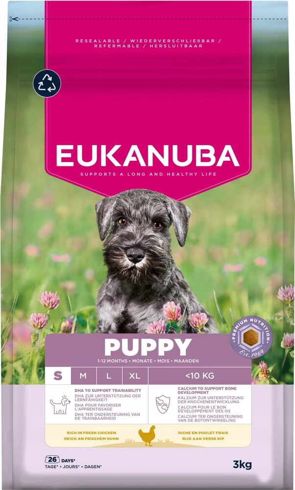Šunų maistas - EUKANUBA Puppy Small sausas šunų ėdalas su vištiena, 33% baltymų, 21% riebalų, 3kg