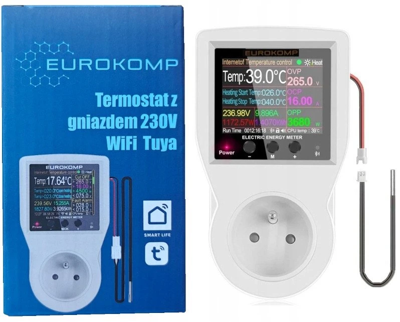 Eurokomp Termostatas su 230 V lizdu, energijos skaitikliu, WiFi Tuya