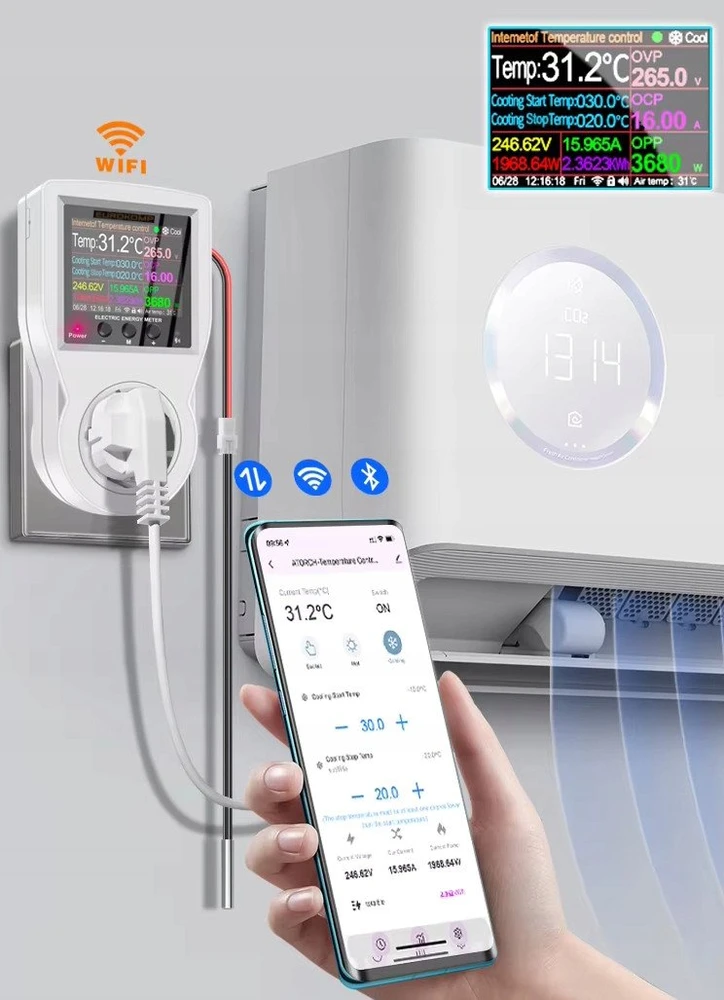 Eurokomp Termostatas su 230 V lizdu, energijos skaitikliu, WiFi Tuya