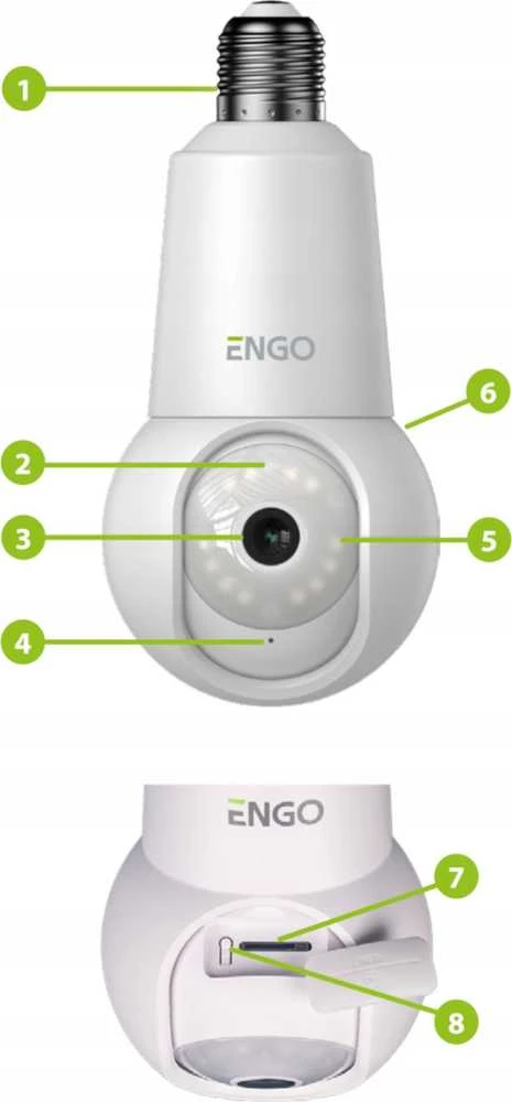 Engo Controls „Engo ECAM-E27“ IP kamera – išmanioji vidaus kamera, „Wi-Fi“, pasukama, E27 sriegis, 4 MPx, dvipusis garsas (mikrofonas ir garsiakalbis), judesio sekimas, „micro SD“ kortelė