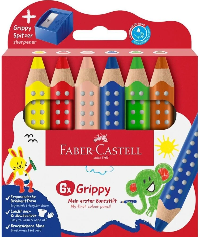 Faber-Castell spalvoti pieštukai su neslystančiu paviršiumi, 6 vnt., su drožtuku (110635)