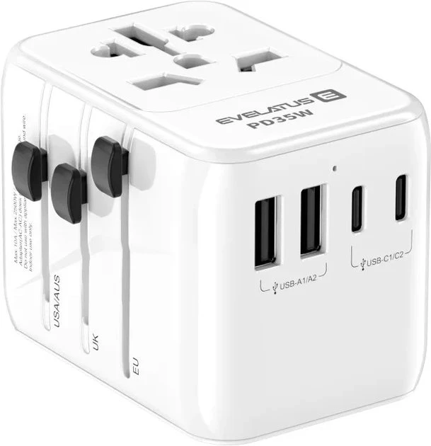 Evelatus 651DCPro 2in1 Pasaules 160 valstu barošanas adapteris un PD 35W lādētājs 3x USB-C / 2x USB Balts