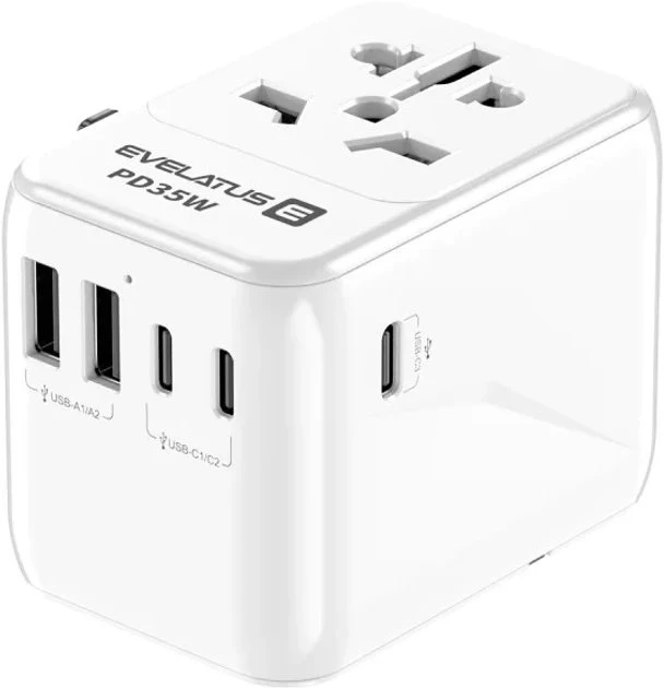 Evelatus 651DCPro 2in1 Pasaules 160 valstu barošanas adapteris un PD 35W lādētājs 3x USB-C / 2x USB Balts