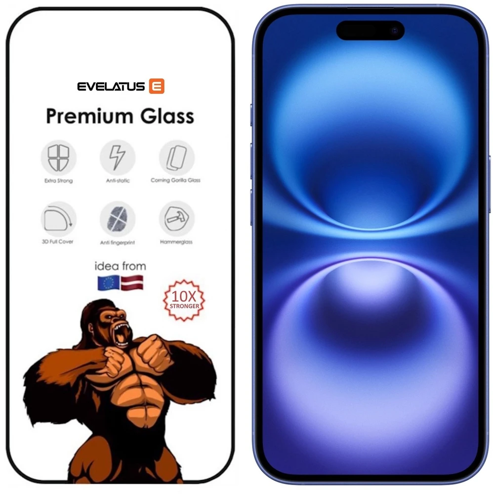 Evelatus Apsauginis stiklas Apple iPhone 16 Corning Gorilla Glass Anti-Static 3D Full Cover 10X Stronger Juodas EVEGL1610X