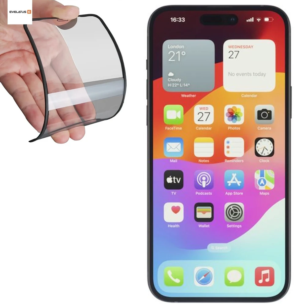 Evelatus apsauginis stiklas Apple iPhone 15 Plus guminis apsauginis 3D stiklas pilnai apsaugotas nuo įtrūkimų, Japoniški klijai, antistatinis EVEAPP15PLRG