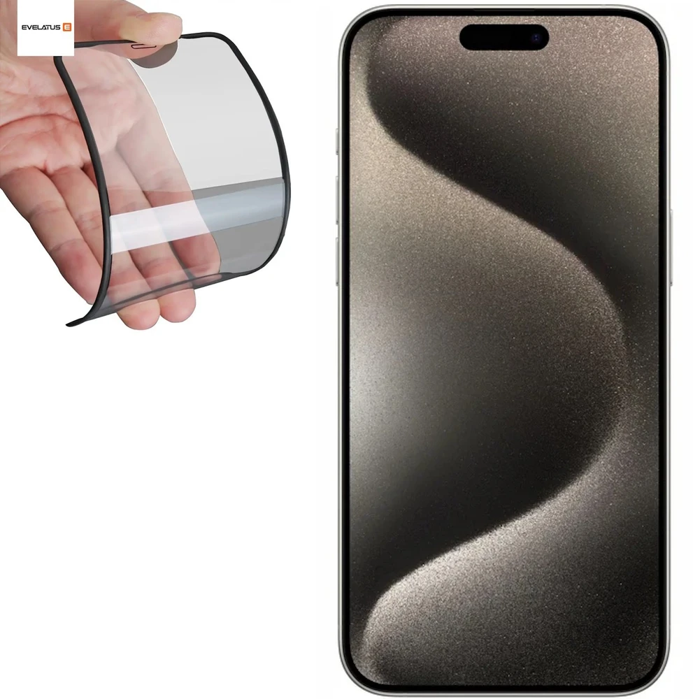 Evelatus Apsauginis stiklas Apple iPhone 15 Pro Max guminis apsauginis 3D stiklas pilnai apsaugantis nuo įsilaužimo, Japoniškas klijavimas, antistatinis EVEAPP15PMRG