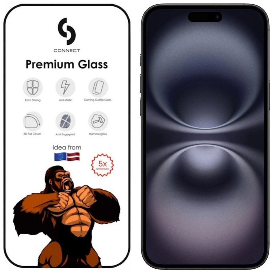Evelatus Apsauginis stiklas Connect Apple iPhone 16 Plus Corning Gorilla Glass Anti-Static 3D Full Cover 5X Stronger Juodas EVE16PGLAS10PL