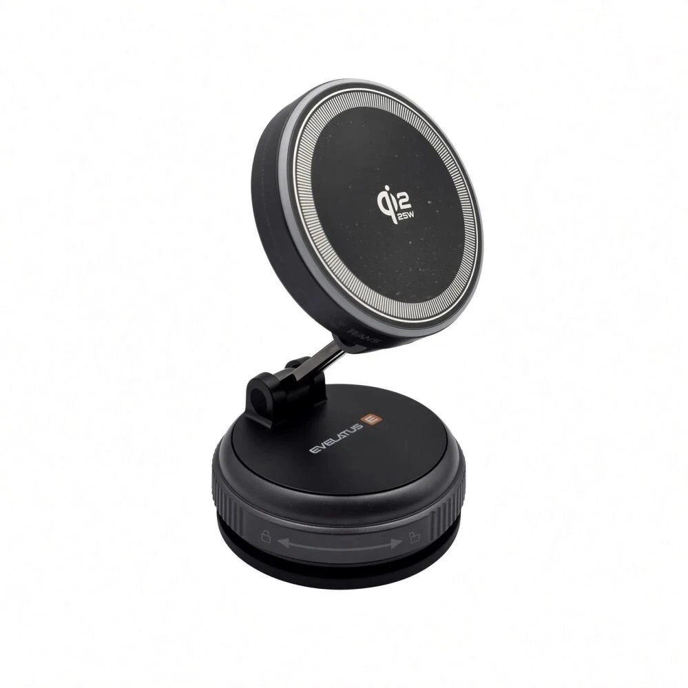 Evelatus Automobilinis laikiklis Qi2 25W Magnetic belaidis automobilinis įkroviklis – AutoSpring spiraling laido USB C į USB C jungtis 1,2 m Juodas (EVEUN25WMWCSCH)