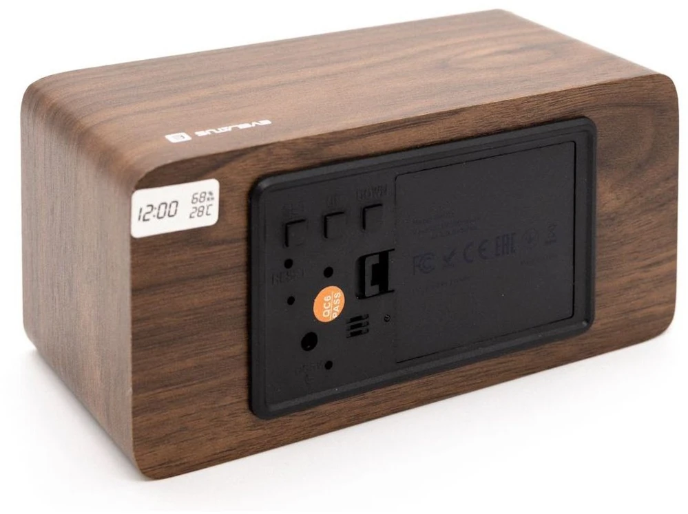 Evelatus EMC01 Digitāls Koka kubs Pulkstenis Modinātājs uzrāda mitrumu temperatūru + USB lādētājs Tumša koka
