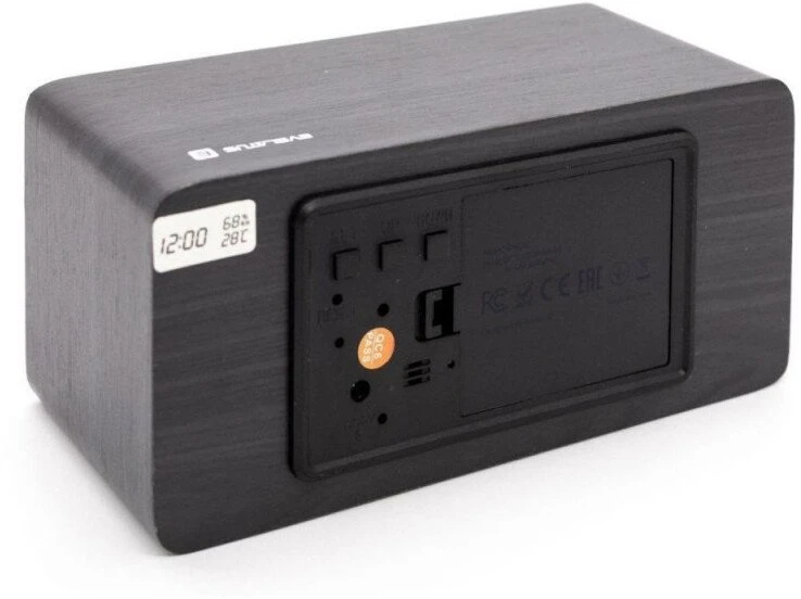 Evelatus EMC01 Digitāls Koka kubs Pulkstenis Modinātājs uzrāda mitrumu temperatūru + USB lādētājs Melna